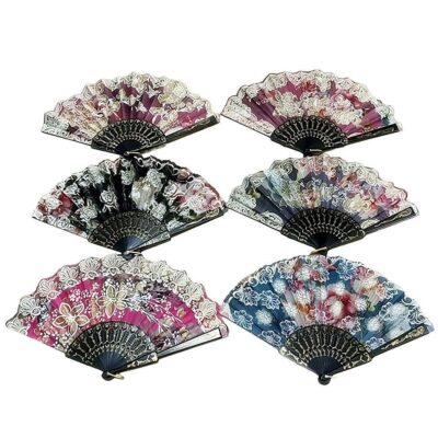 12pk Flower Print Lacy Folding Handheld Hand Fan