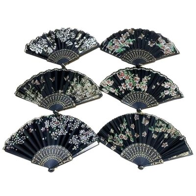 12pk Black Flower Print Lacy Folding Handheld Hand Fan